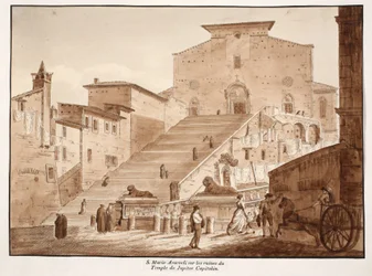 Kyrkan Santa Maria in Aracoeli på ruinerna av Jupitertemplet på Kapitolium, 1833 (etsning med brun tvätt)